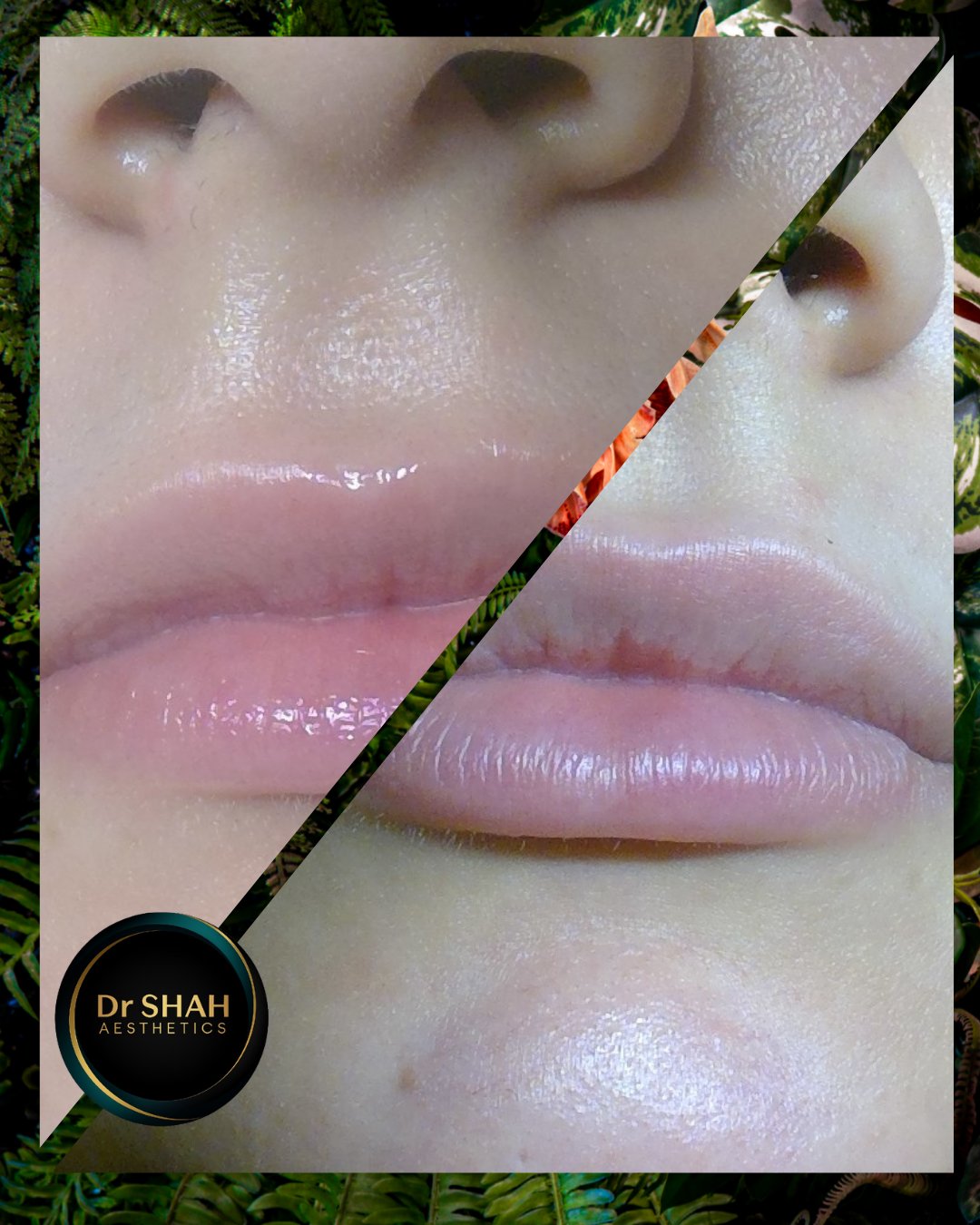 Before and after photos of a lip enhancement treatment at Dr Shah Aesthetics, patient 1